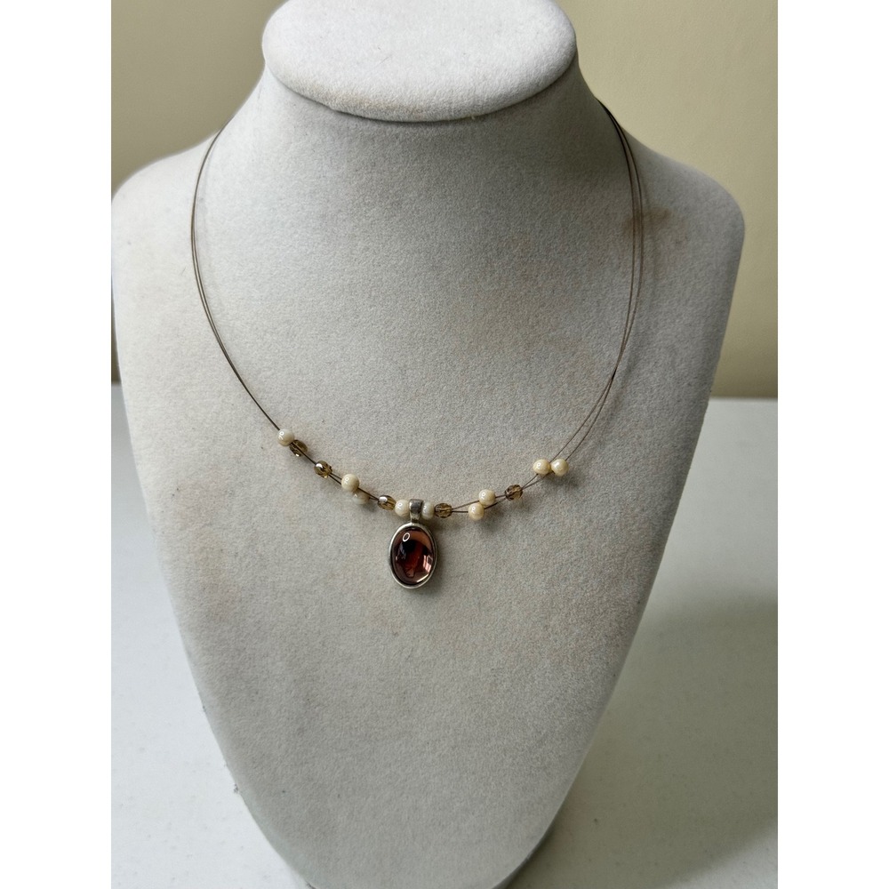 Elegant Oval Gemstone Pendant Necklace with Beaded Cord Strand‎ Y2K Retro